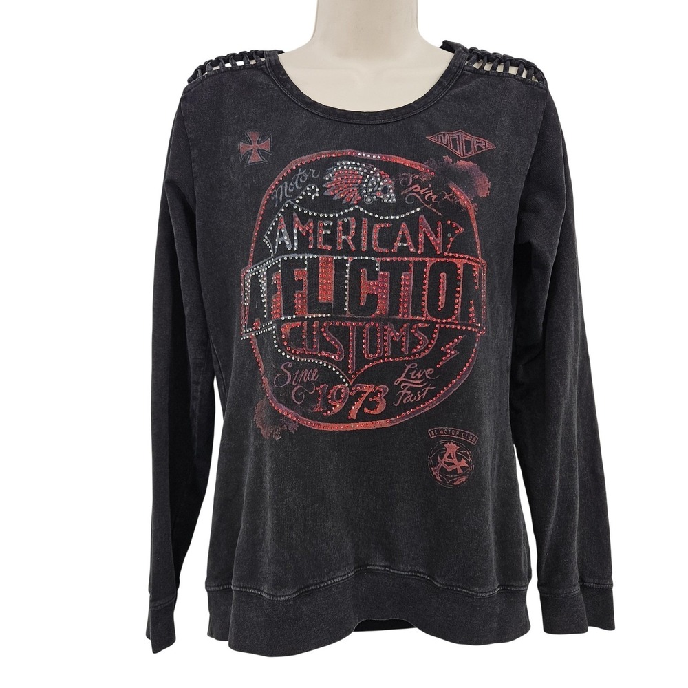 Y2K Affliction Sweatshirt Women S Black Graphic Live Fast Bike Moto Grunge‎ Goth